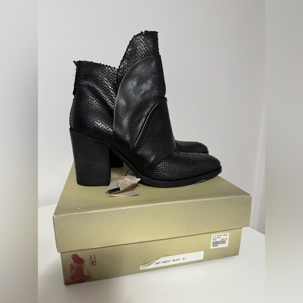 A.S.98 Textured Black Leather Ankle Booties